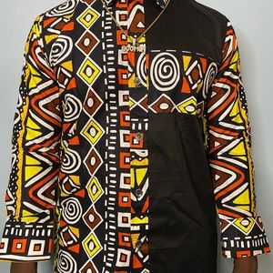 African Shirt Long-Sleeve Print Multi-Colored Yellow/Orange/Brown Long T-Shirt